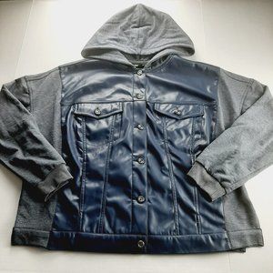DG2 Diane Gilman Womens Hoodie Jacket Size Large Blue Faux Leather Sweatshirt